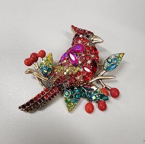 Cardinal & Leaves Colorful Rhinestone  Brooch Pin Bird Gold Tone Bling Classy